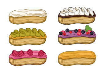 Set of Eclair French Pastry Pattiserie Chocolate Blueberry Raspberry Caramel Flavor Colorful Vector Illustration