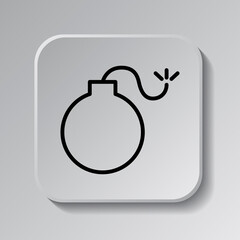 Bomb simple icon. Flat desing. Black icon on square button with shadow. Grey background.ai