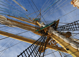 Bottom Up View To A Sailing Mast With Rigging and Ropes In Bremerhaven Germany On A Beautiful Sunny...