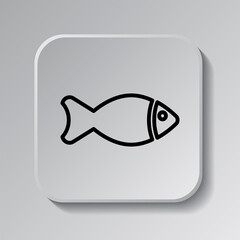 Fish simple icon. Flat desing. Black icon on square button with shadow. Grey background.ai