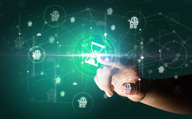 Businessman hand pressing stock graphic information on multitouch screen