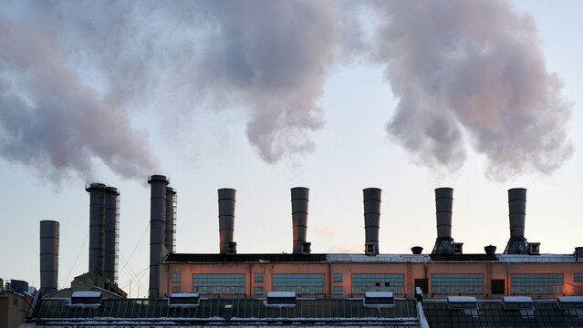Russia. Winter Moscow. Pipes of a thermal power plant on Raushskaya embankment