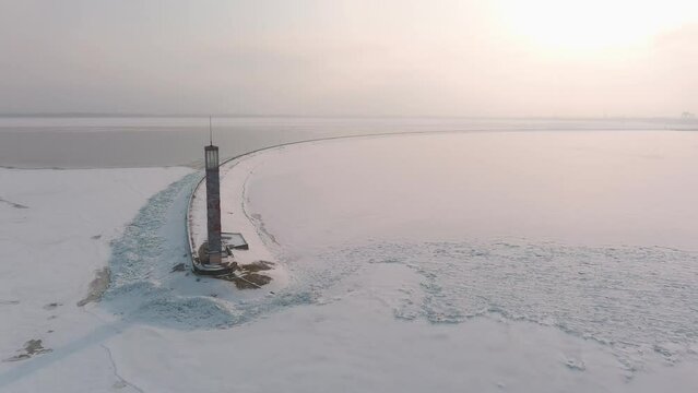 Aerial view of the lighthouse and Boat on the Kiev sea in Vyshgorod, Kyiv district, Ukraine