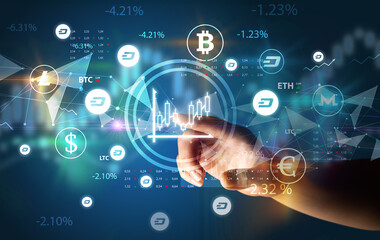 Business person hand pushing currency symbol on multimedia touch screen