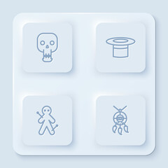 Set line Skull, Magician hat, Voodoo doll and Dream catcher with feathers. White square button. Vector