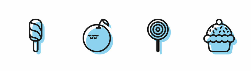 Set line Lollipop, Ice cream, Apple and Cupcake icon. Vector