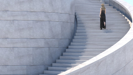 Femme marchant sur des escaliers architecturaux. Rendu 3D. La femme est un objet 3D.
