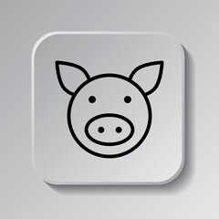 Pig simple icon. Flat desing. Black icon on square button with shadow. Grey background.ai