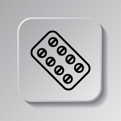 Pills simple icon vector. Flat desing. Black icon on square button with shadow. Grey background.ai