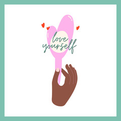 Self care, love yourself, body positive concept. Illustration of international women's day. Vector postcard, Valentines card.