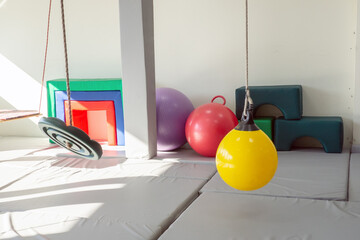 sensory integration room in the center for children. gym for gymnastics and rehabilitation of sensory disorders. - obrazy, fototapety, plakaty