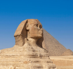 Great Sphinx of Giza near Cairo, Egypt. It is mythical creature with the head of man and the body...