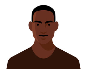 Handsome black man. Front view portrait of young man. Cheerful face, short black hair, abstract unrecognizable person. Male profile, head and shoulder. Modern illustration