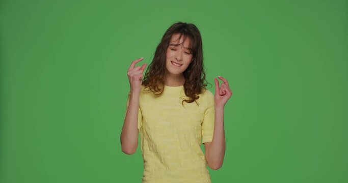 Smiling young girl show small size gesture, beg little more discount or salary increase on chroma key background