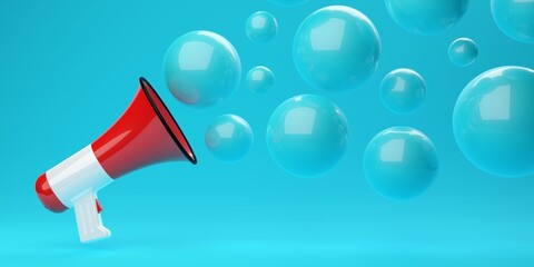 White and red megaphone or bullhorn over blue cyan background with bubbles emerging, business announcement or communication concept - obrazy, fototapety, plakaty