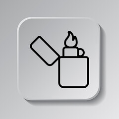 Zippo simple icon. Flat desing. Black icon on square button with shadow. Grey background.ai