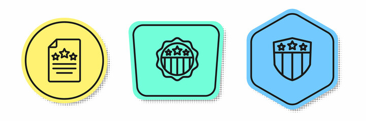 Set line Declaration of independence, USA Independence day and Shield with stars. Colored shapes. Vector