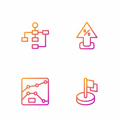 Set line Flag, Graph, chart, diagram, Hierarchy organogram and Percent up arrow. Gradient color icons. Vector