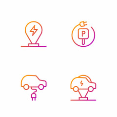 Set line Electric car, Charging parking electric and . Gradient color icons. Vector
