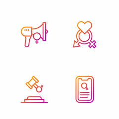 Set line Dating app, Female rights, Feminist activist and Gender. Gradient color icons. Vector