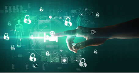 Doctor hand pressing futuristic health device with medical symbol on screen