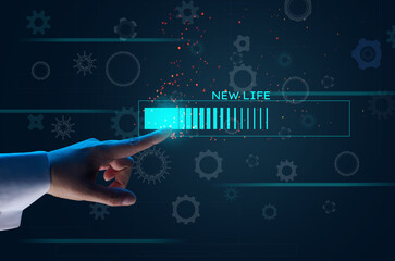 new life loading virtual scheme and female hand on dark blue background. Start in business,...