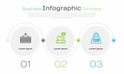 Set line Container on crane, Scale with cardboard box and Weight. Business infographic template. Vector