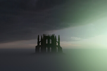 Ruined historic church in misty countryside under a cloudy sky. 3D render.