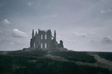 Fototapeta premium Ruined historic church in vast misty countryside under a cloudy sky. 3D render.