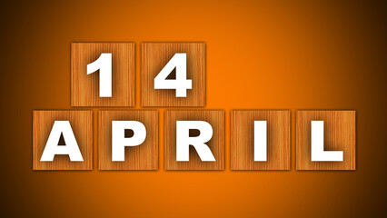 14 April Text Title - Square Wooden Concept - Orange Background - 3D Illustration