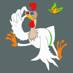 funny white rooster in stereo glasses, on an isolated background, drawing, vector, cartoon