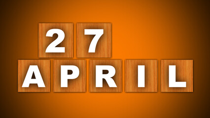 27 April Text Title - Square Wooden Concept - Orange Background - 3D Illustration