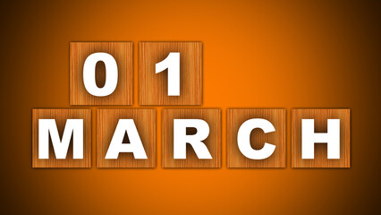 01 March Text Title - Square Wooden Concept - Orange Background - 3D Illustration