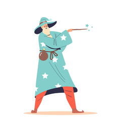 Old wizard sorcerer with magic wand wearing magician robe and bottle with potion tell spell