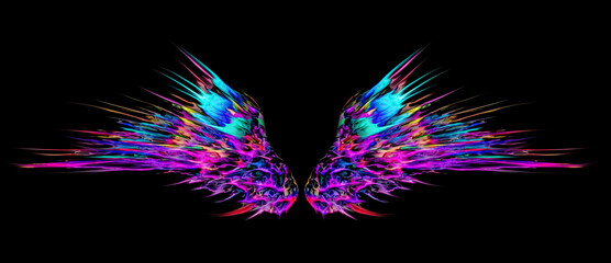 Colourful abstract wings. Psychedelic demon or angel wings. Isolated on black background. Psytrance design