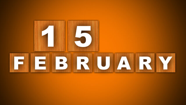 15 February Text Title - Square Wooden Concept - Orange Background - 3D Illustration