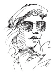 Beautiful young woman's face. Fashion portrait. Vector drawing sketch. Glamour girl with glasses