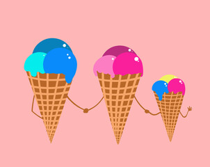 illustration of a friendly family on a pink background in the form of ice cream
