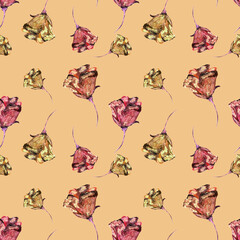 Floral seamless pattern made of roses. Acrilic painting with pink yellow flower buds on light background. Botanical illustration for fabric and textile. Decorative element for design.