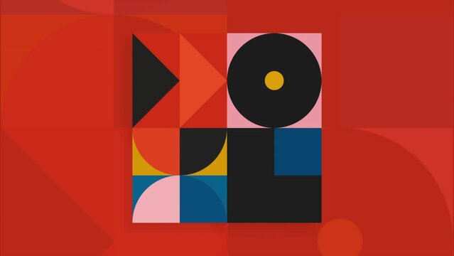Geometric retro animation with moving figures. Motion. Colorful abstraction with geometric shapes. Colorful circles, squares and triangles in retro animation