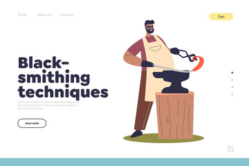 Blacksmithing techniques concept of landing page with blacksmith man bending metal element
