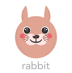 Rabbit bunny Cute portrait with name text smile head cartoon round shape avatar animal face, isolated vector icon illustrations. Flat simple hand drawn for kids poster, cards, t-shirts, baby clothes