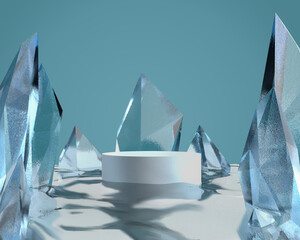 sea in the crystal mountains. Abstract  product display podium with crystal group. 3d render