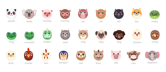 Round Animals Set Cute portraits cartoon illustration flat vector dog, cat, snake, frog, chicken, cow, hen, wolf, penguin, pig, owl, monkey isolated on white background for UI app, mobile, kids poster
