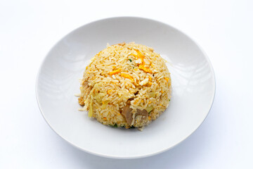 Fried rice in white plate on white background.