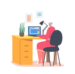 Elderly Woman Use Computer. Happy Senior Lady Character with Grey Hair Sitting on Chair at Desk Working on Laptop