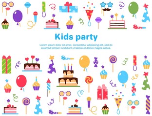 Colorful kids party background with text space. Birthday festival anniversary banner invitation design. Beautiful card with cake balloon cupcake present mask hat candy. Horizontal vector illustration.