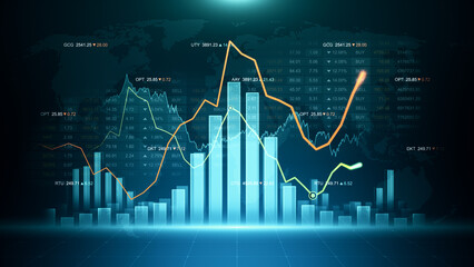 Stock market abstract finance background illustration with graph, chart bars and financial information. Global business analyzing concept with trade statistics texture.