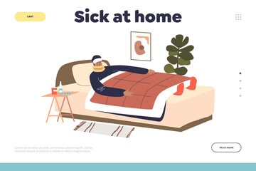 Sick at home concept of landing page with man lying in bed suffer from fever, flu or cold