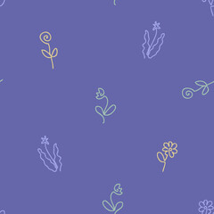 Single line drawn flowers seamless pattern. Perfect for T-shirt, postcard, party invitation and print. Doodle vector illustration for decor and design.
